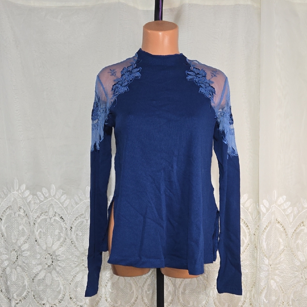 Free People Elegant Cobalt Blue Lace Detail Long Sleeve Women's Top Sz X-Small
